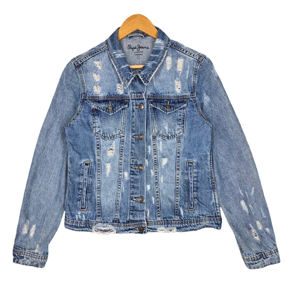 PEPE JEANS LONDON “THRIFT DESTROYER” DENIM JACKET – SIZE L – DISTRESSED – COTTON